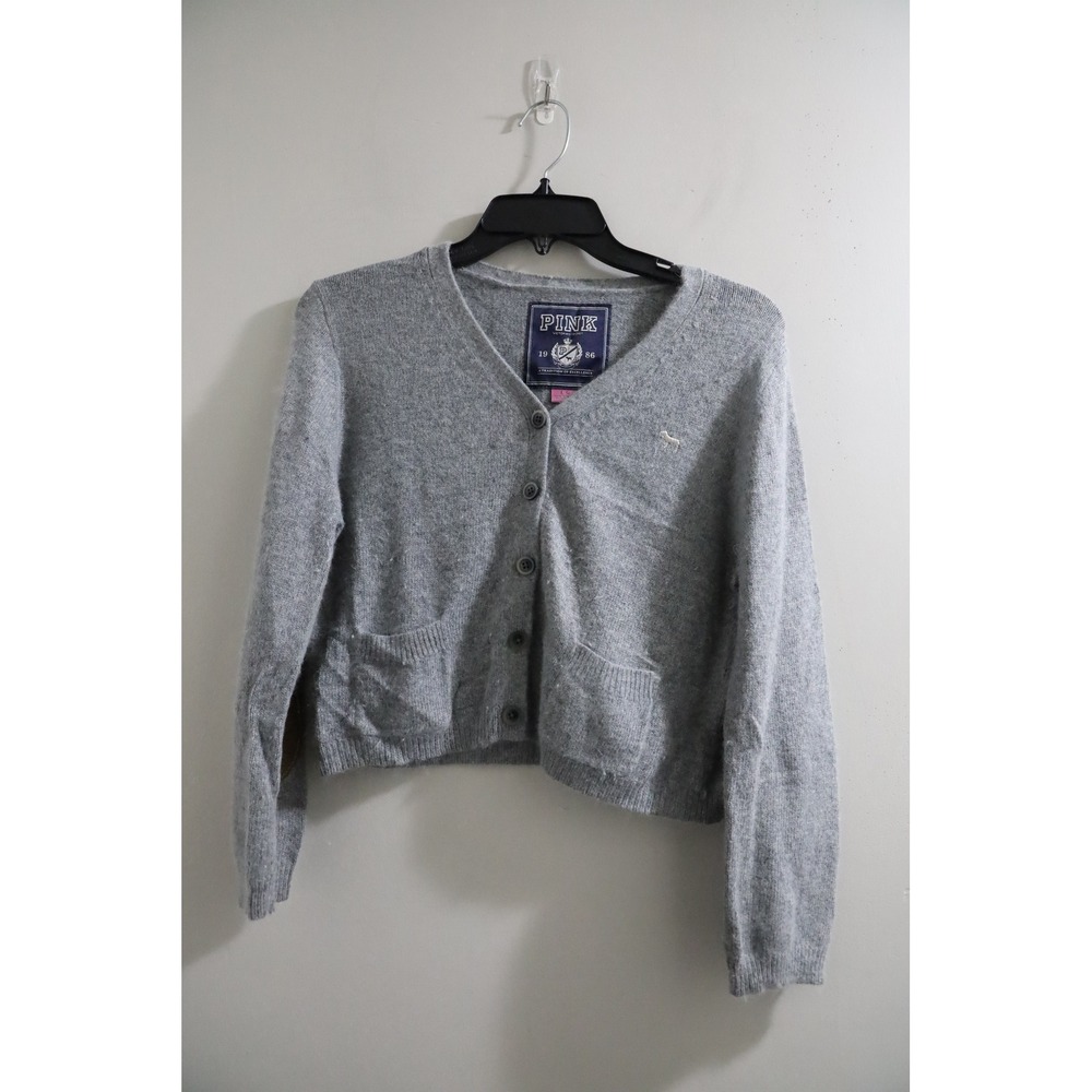 PINK Y2K Victoria's Secret Gray Rabbit Hair Blend‎ Cardigan Elbow Patches Large